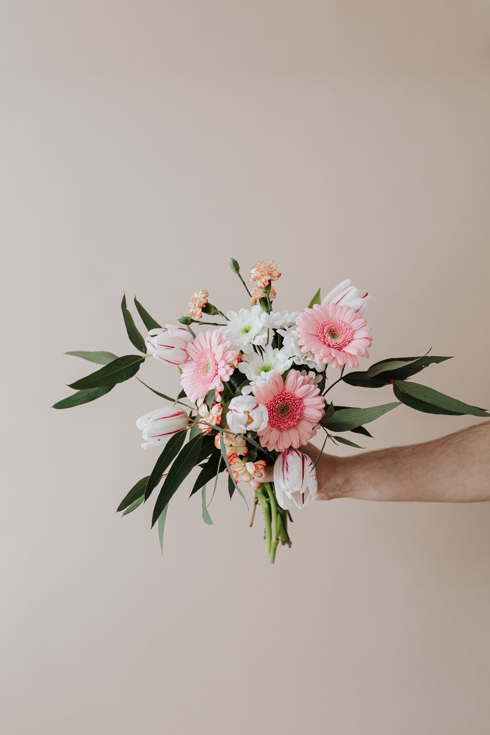 Bouquet of pink gerberas and white tulips